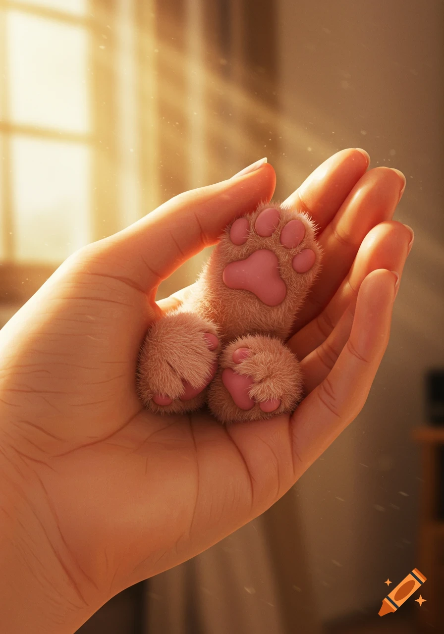 A human hand gently holds two fluffy animal paws with pink pads in soft, warm light.