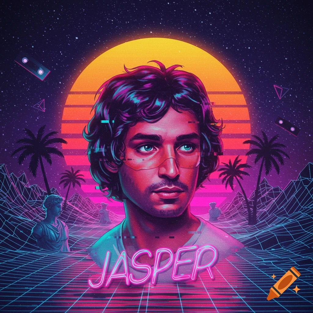 A vaporwave-style portrait of a man with curly hair and blue eyes, set against a neon grid landscape with palm trees and a sunset. The name "JASPER" is in neon text.