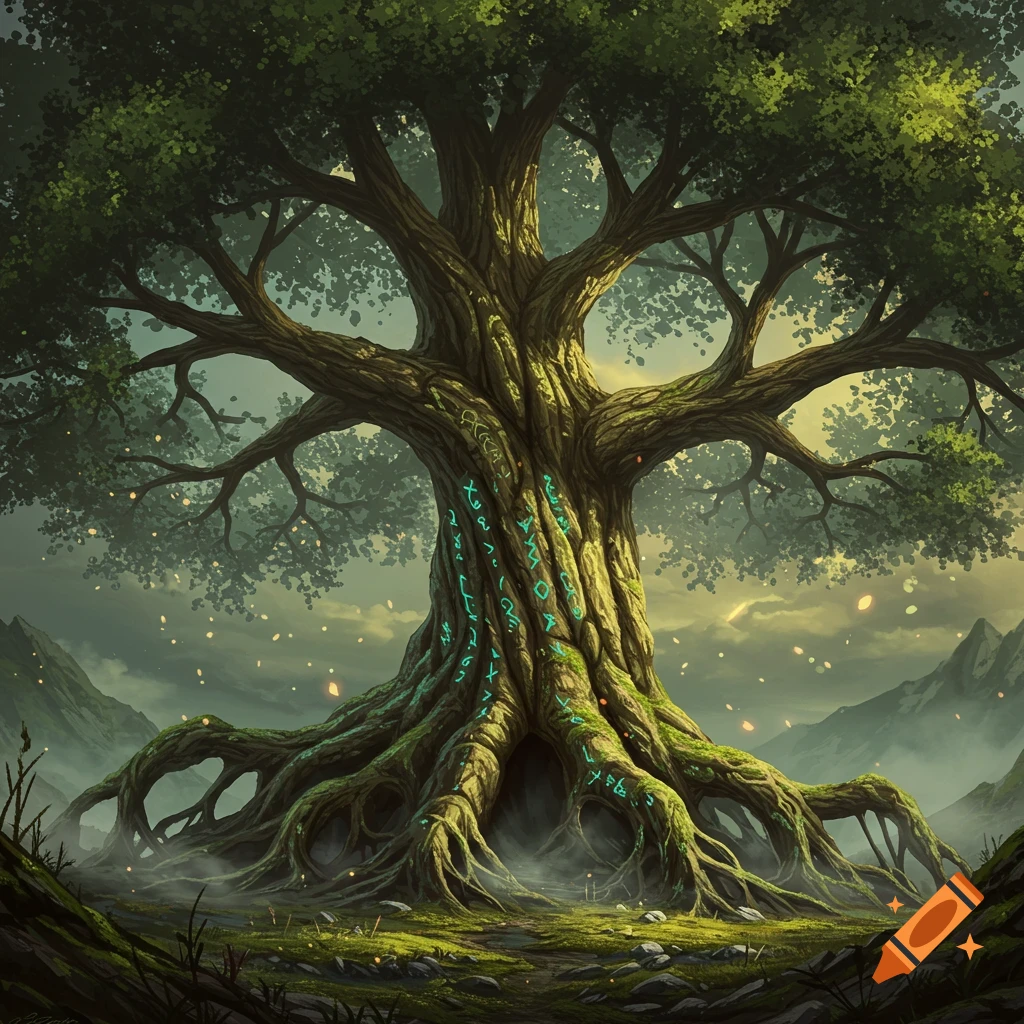 A massive, ancient tree with glowing blue runes carved into its gnarled bark and exposed roots in a misty, magical forest setting with mountains in the background, in a gritty fantasy art style.