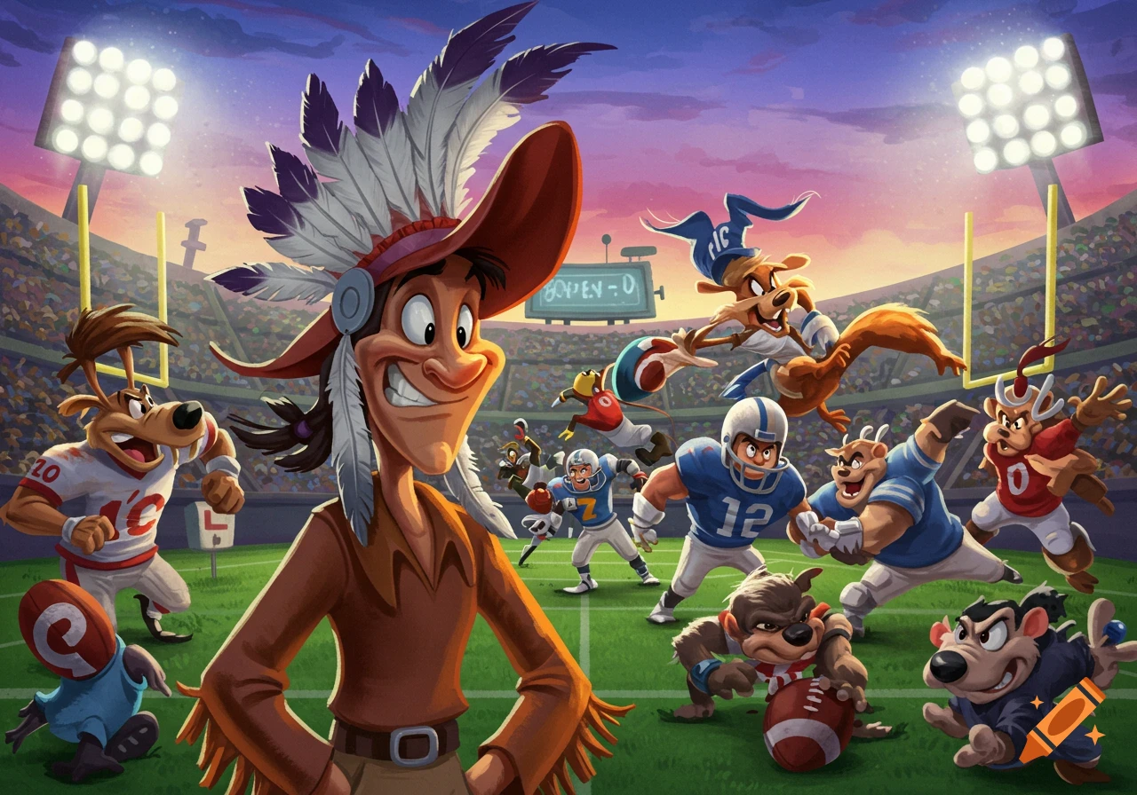 Cartoon anthropomorphic animals playing a fantasy American football game in a stadium at sunset.