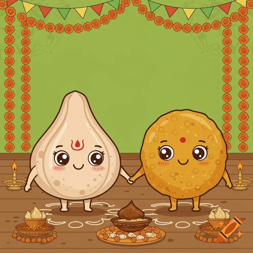 Two cute cartoon modak and laddu sweets holding hands, standing on a wooden floor with offerings, under festive garlands.