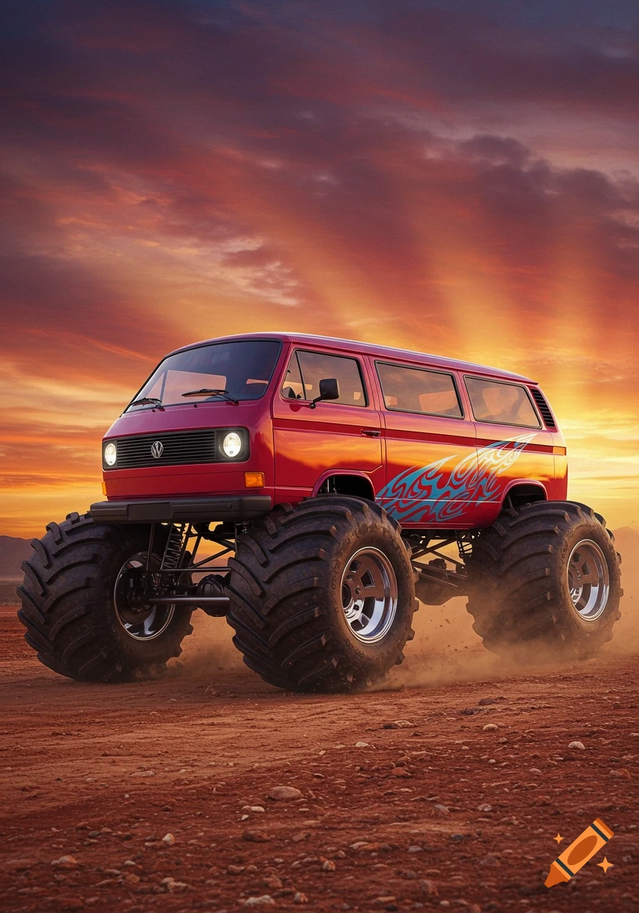 A red Volkswagen van monster truck drives on a dirt road under a vibrant sunset sky.