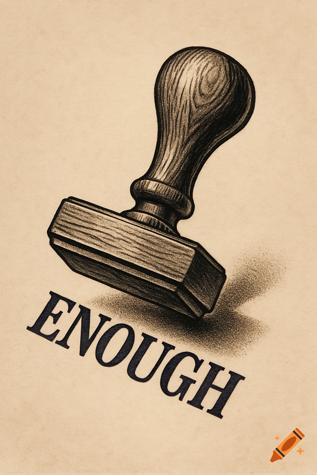A stylized sketch of a tilted wooden ink stamper with the word 'ENOUGH' stamped below it on textured paper.