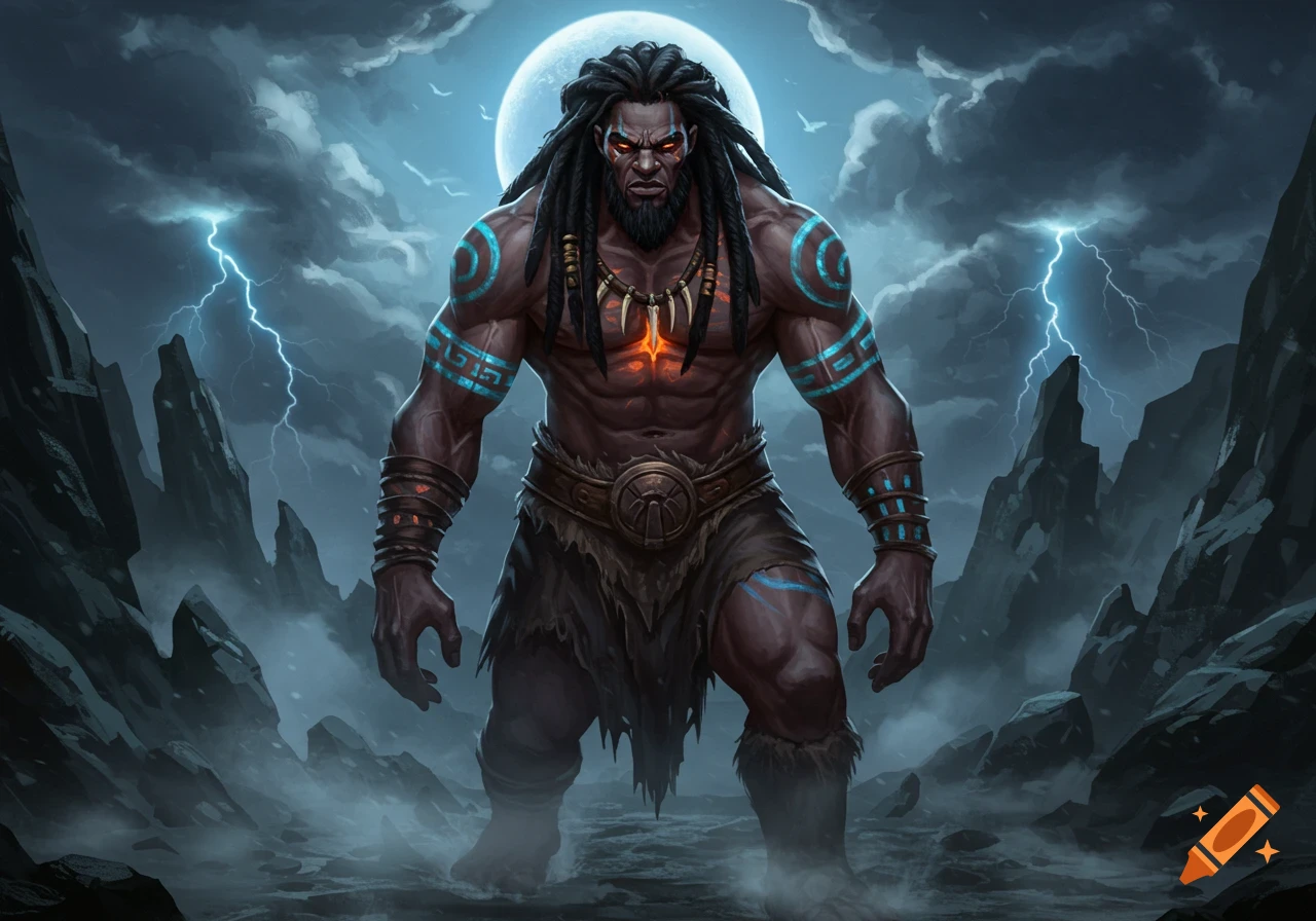 A powerful fantasy warrior with dark skin, dreadlocks, and glowing tribal markings stands before a full moon and lightning-filled stormy sky, surrounded by jagged mountains.