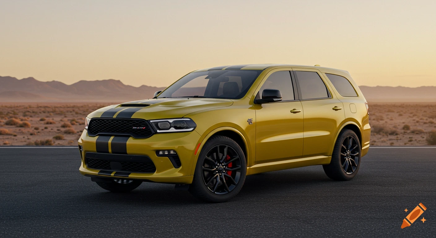 Yellow Dodge Durango SUV with black racing stripes and wheels on a desert road at sunset.