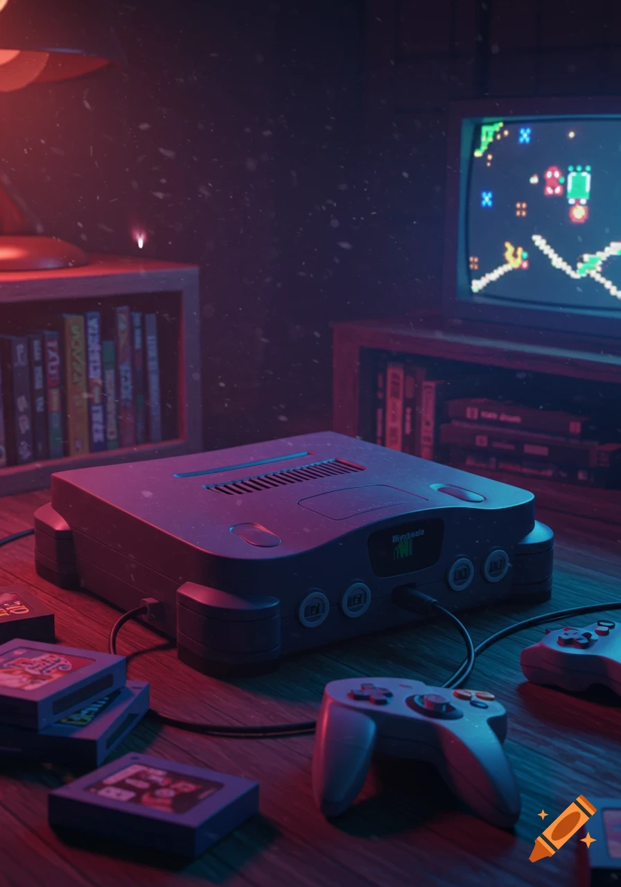 Nintendo 64 console, controllers, and games on a table, illuminated by red and blue light. Retro TV displays a pixelated game.