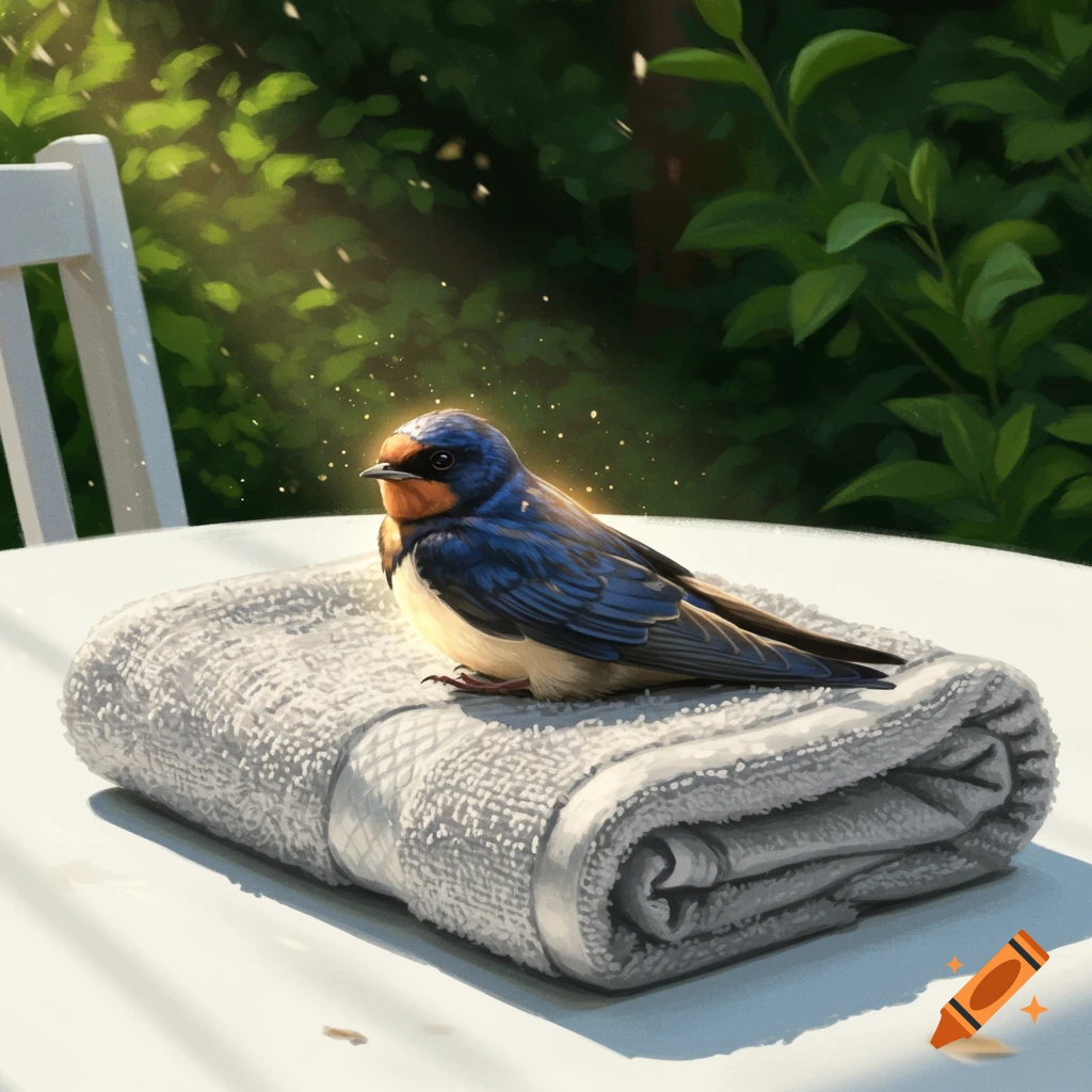 A barn swallow with a golden aura rests on a folded gray towel on a white patio table, with green foliage in the background.