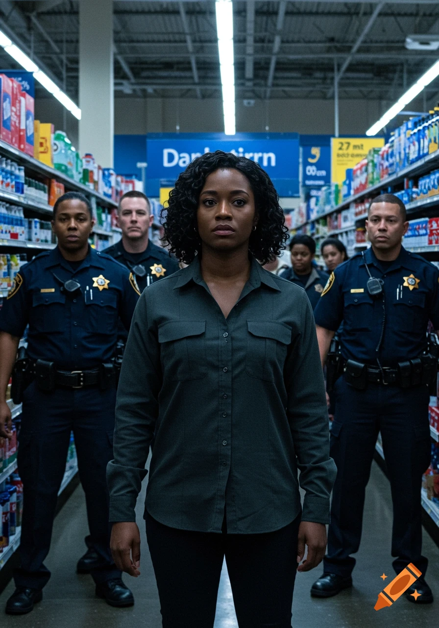 A serious Black woman stands in a supermarket aisle, with several police officers standing behind her in a photorealistic style.