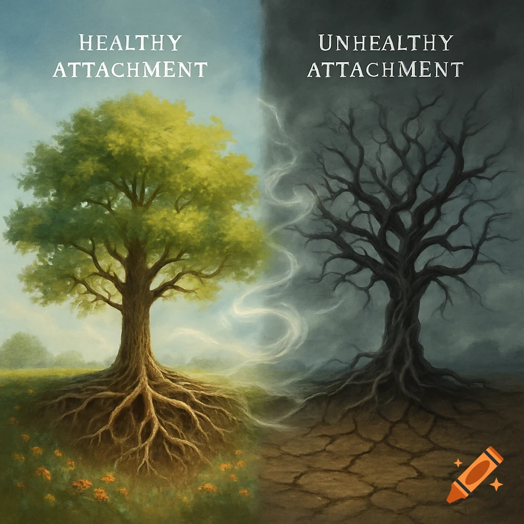 A conceptual painting: a vibrant green tree (healthy attachment) contrasts with a barren dead tree (unhealthy attachment).
