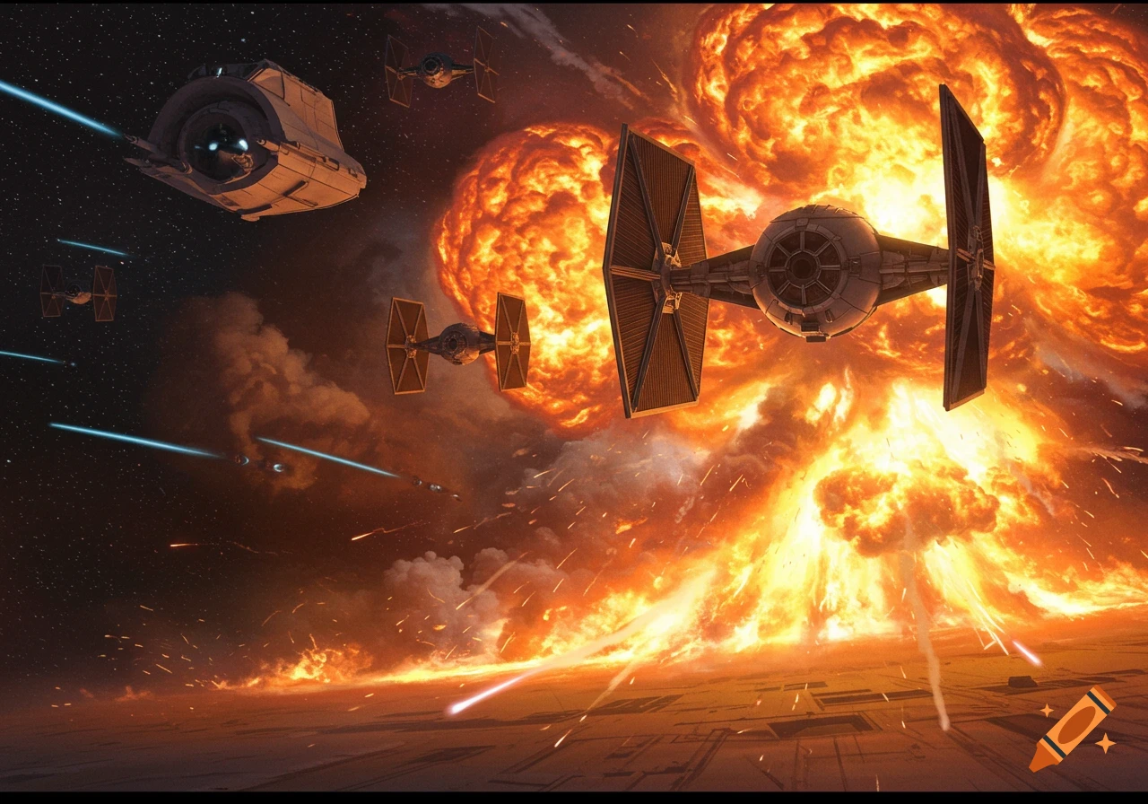 Imperial TIE fighters and a transport ship fly through space with a massive orange explosion engulfing a planet. Digital painting.