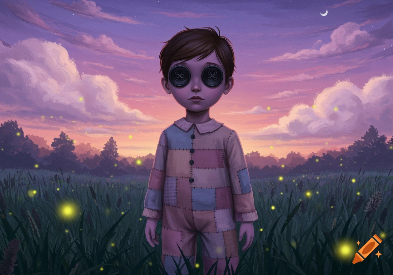 Illustration of a button-eyed boy in a patchwork suit standing in a field with fireflies at twilight.
