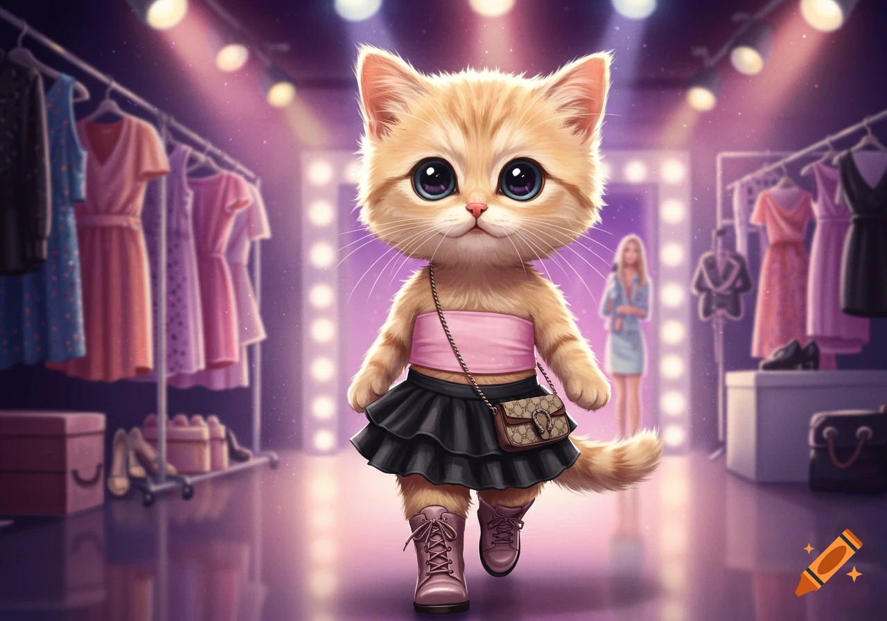 Kawaii ginger kitten wearing a pink tube top, black skirt, pink boots, and designer purse walking backstage.