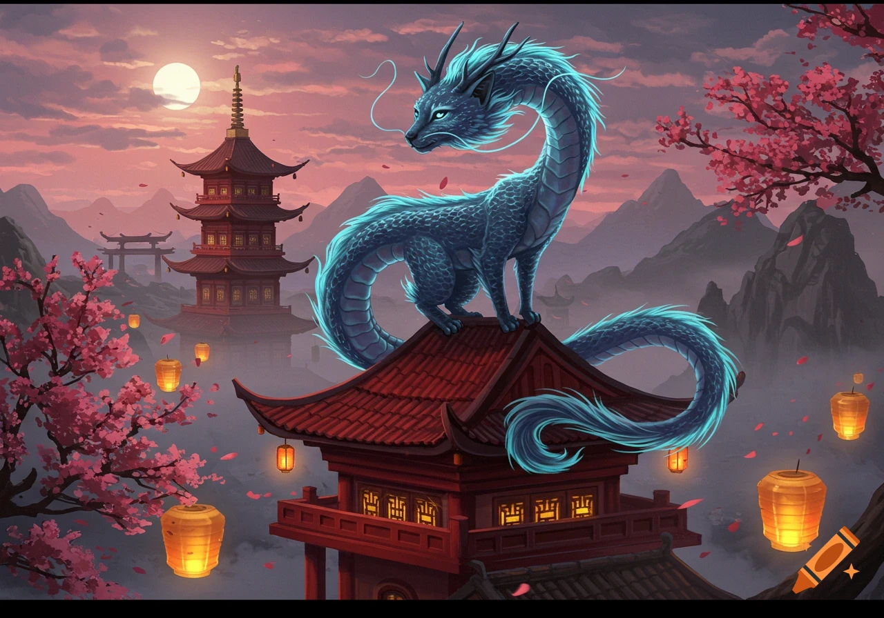 A vibrant blue dragon with glowing eyes perches on a red pagoda roof amidst cherry blossoms, lanterns, and misty mountains at sunset.
