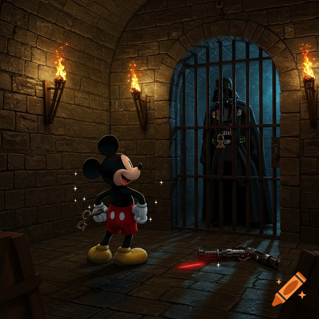 Mickey Mouse holds a key in a stone dungeon, looking at Darth Vader imprisoned behind bars, with a lightsaber on the floor. Digital art.