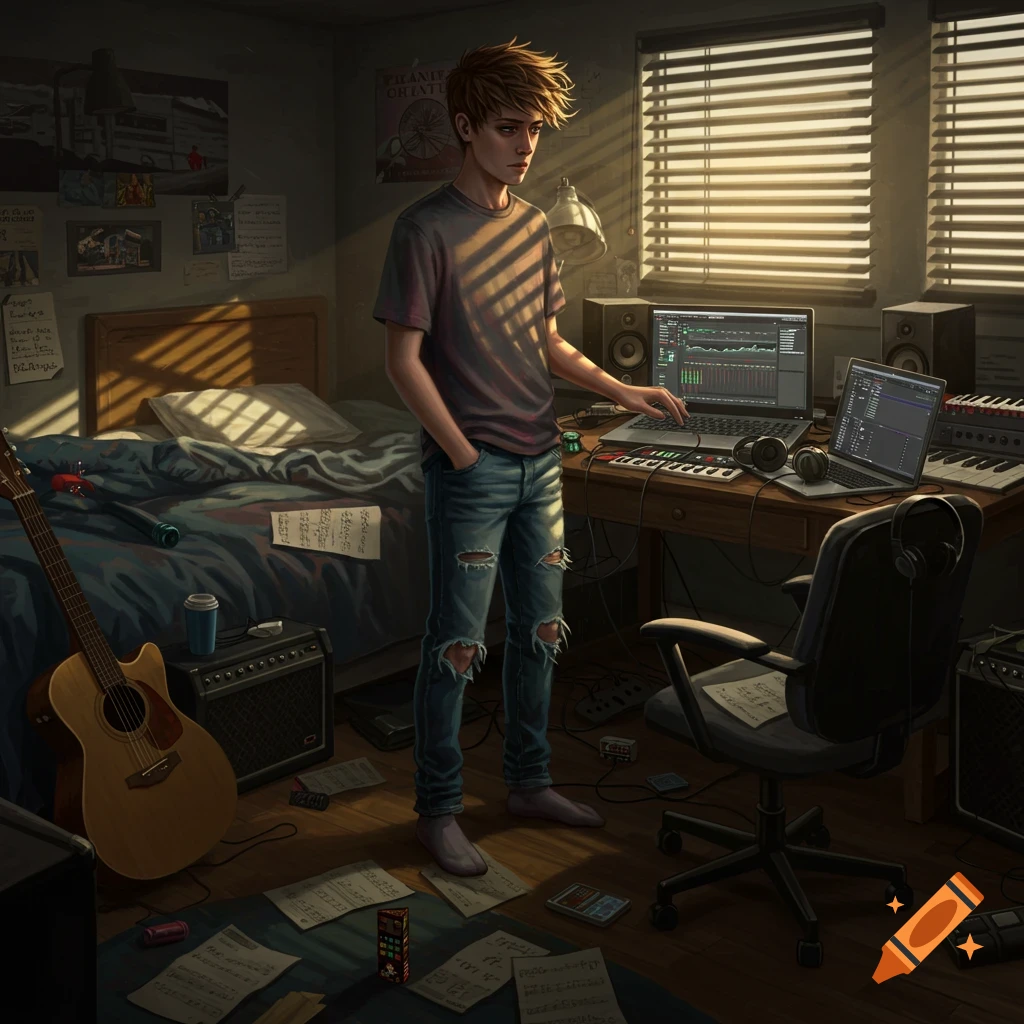 A young male musician stands in his messy room, working on a digital music production setup with laptops and a keyboard, an acoustic guitar nearby, in a digital art style.