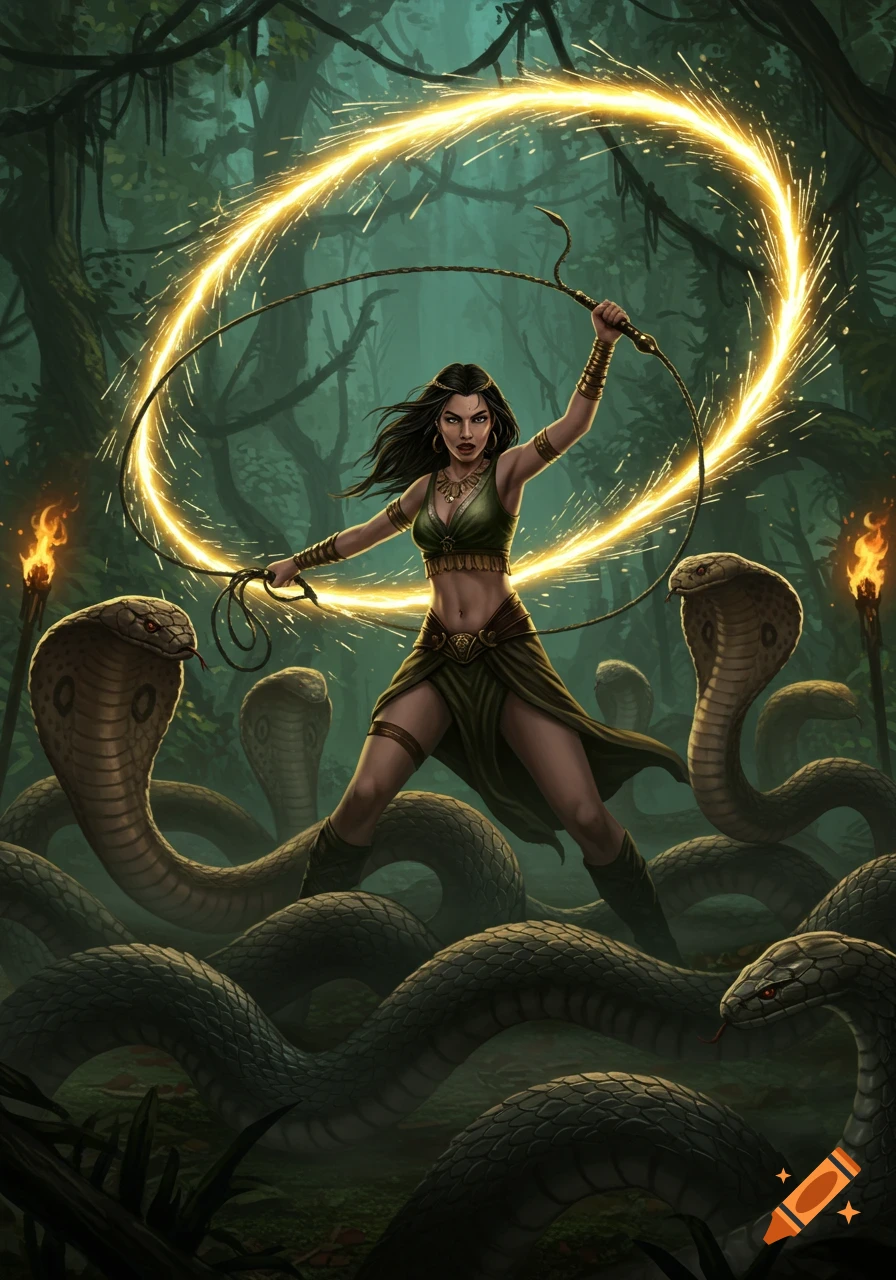 A fierce woman wielding a whip that creates golden sparks, surrounded by many cobras in a dark jungle.