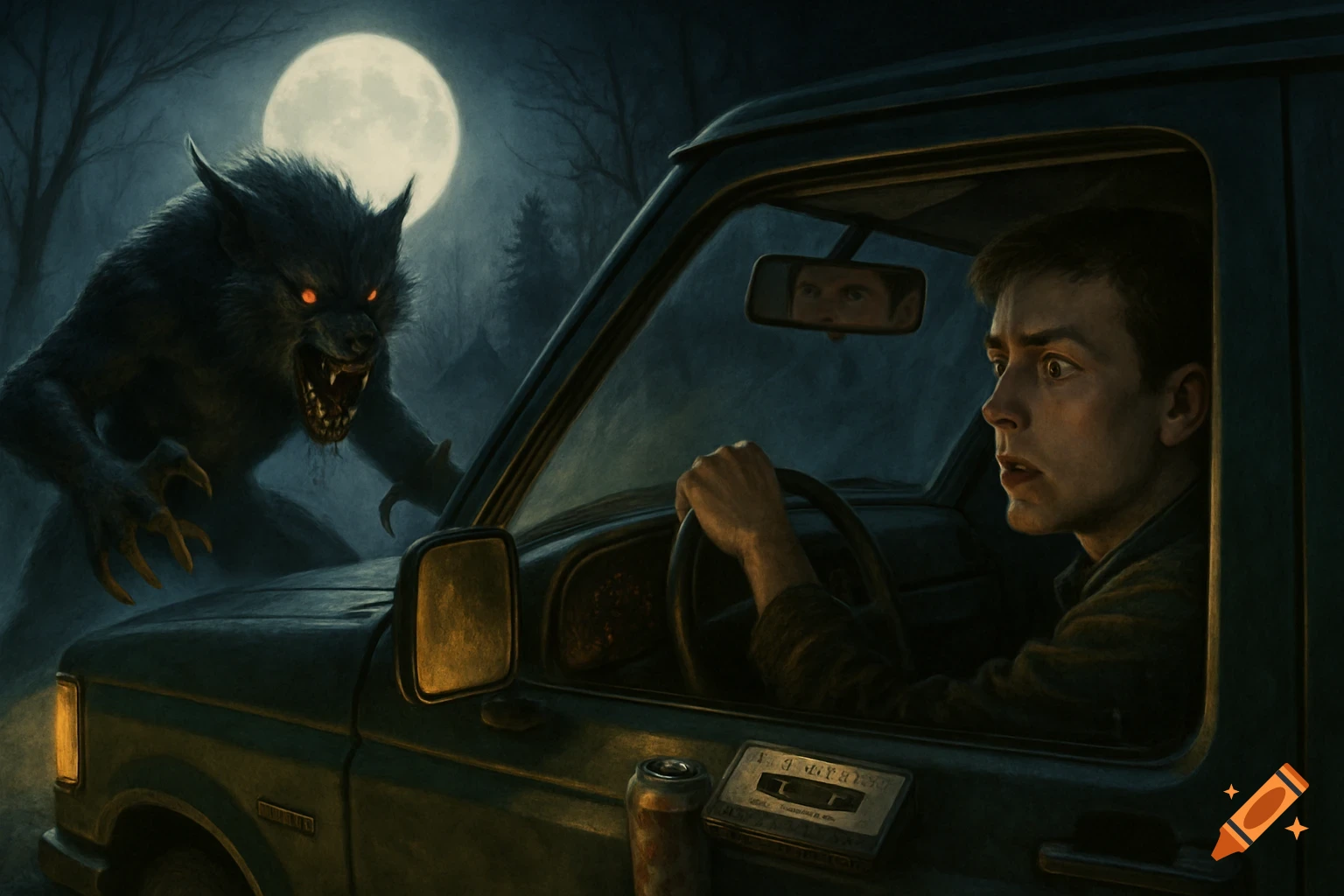 A terrified man in a car at night stares at a menacing werewolf with glowing red eyes outside, under a full moon.