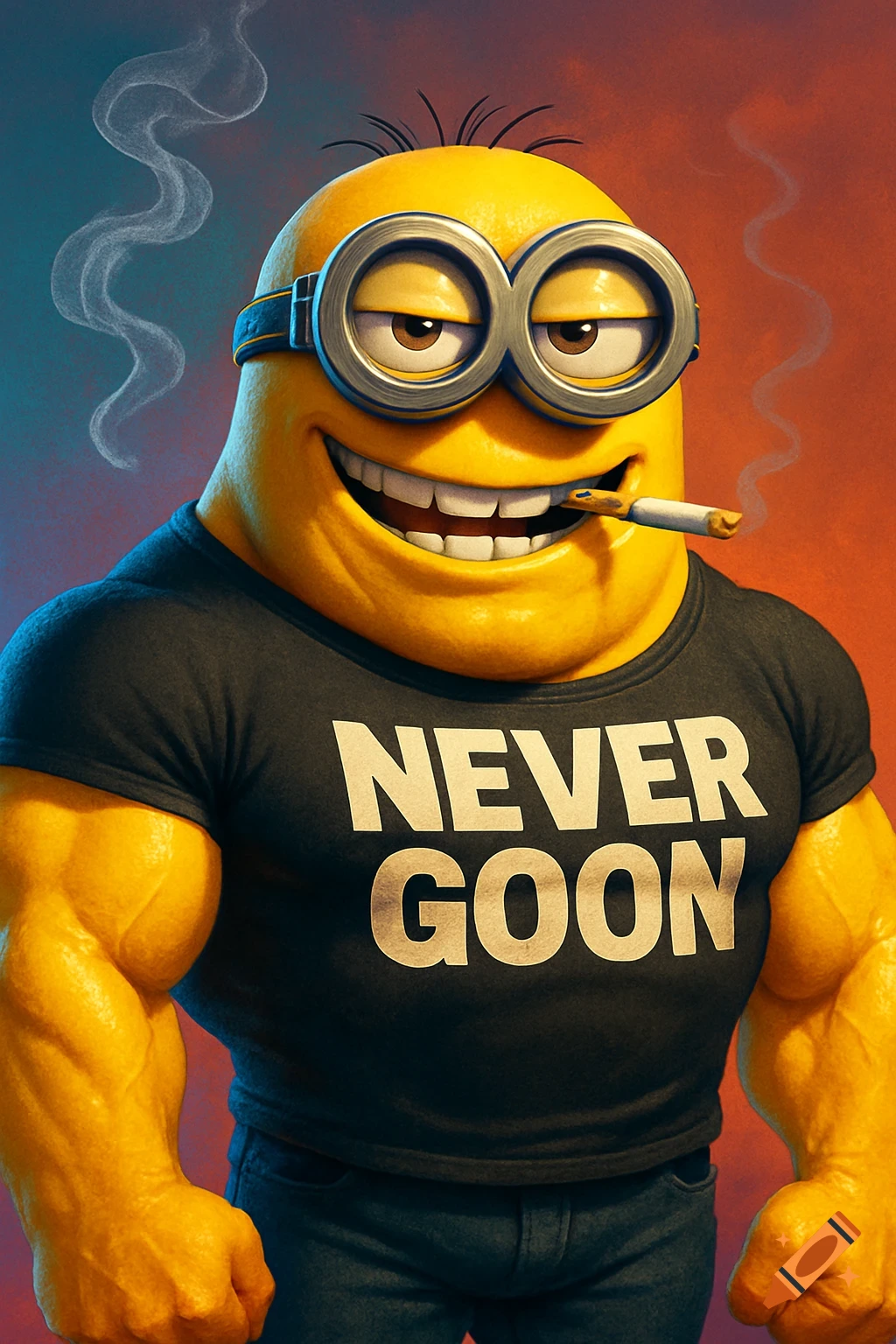 A buff yellow Minion character with goggles, smiling and smoking a cigarette, wearing a black t-shirt that says "NEVER GOON".