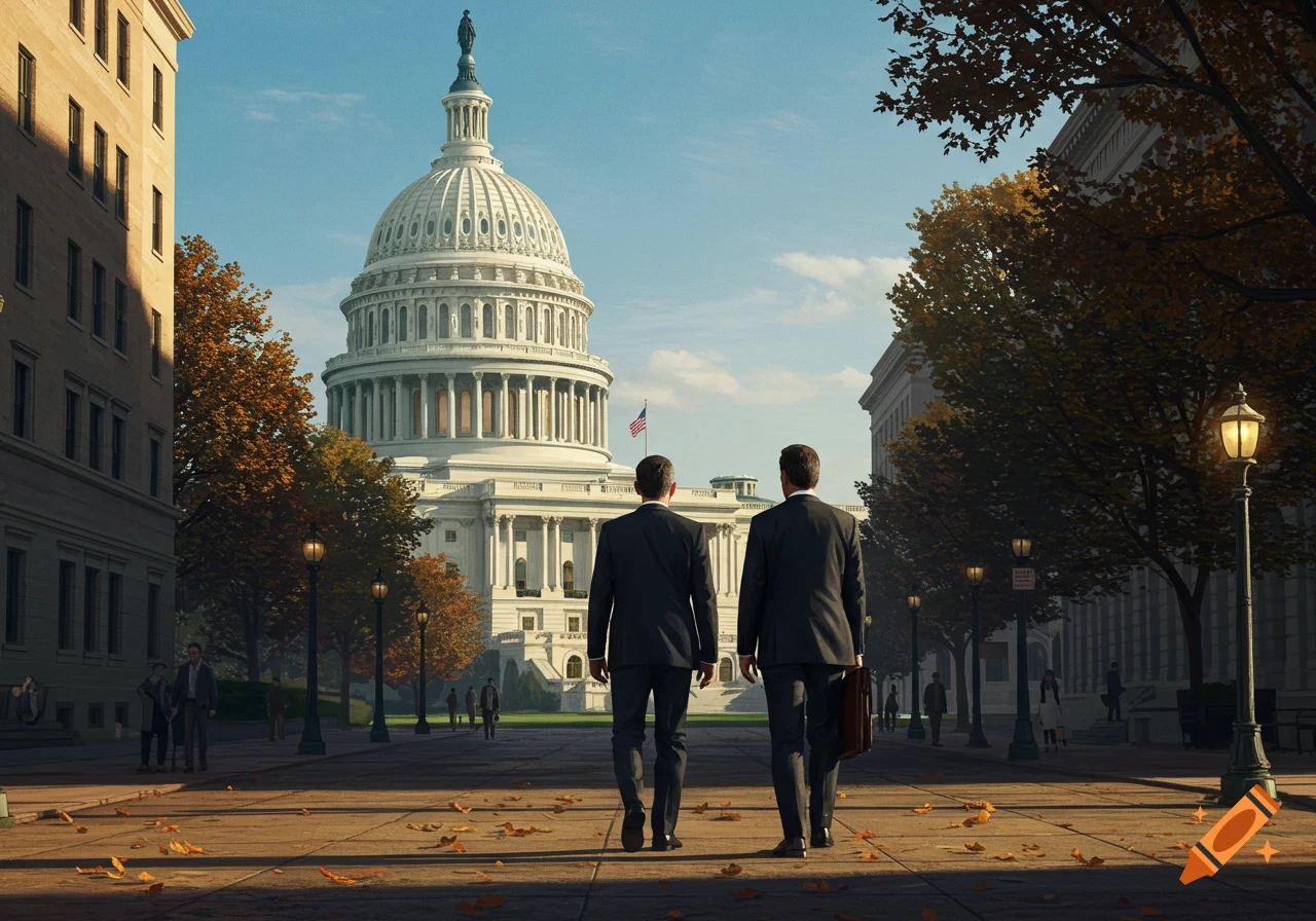 Two men in suits walk on a sidewalk toward the majestic U.S. Capitol building on a sunny day, with autumn leaves scattered on the ground.