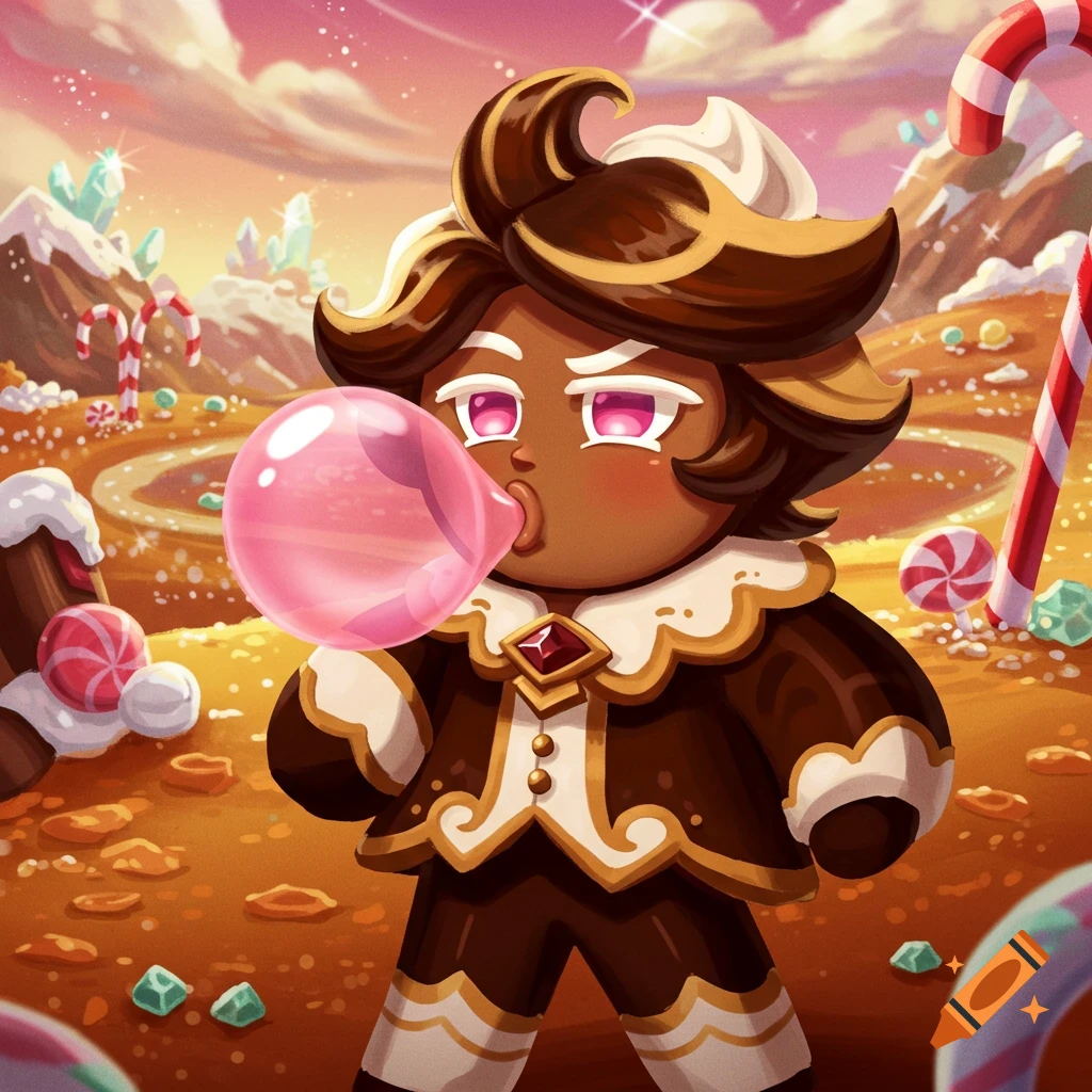Cookie Run Kingdom character, Espresso Cookie, blowing pink bubblegum in a whimsical candy land with candy canes and mountains.