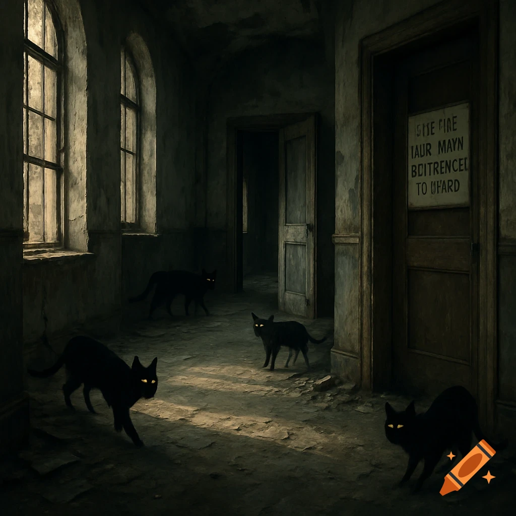 Dark hallway in an abandoned building with sunlight through windows and several black cats with glowing eyes.