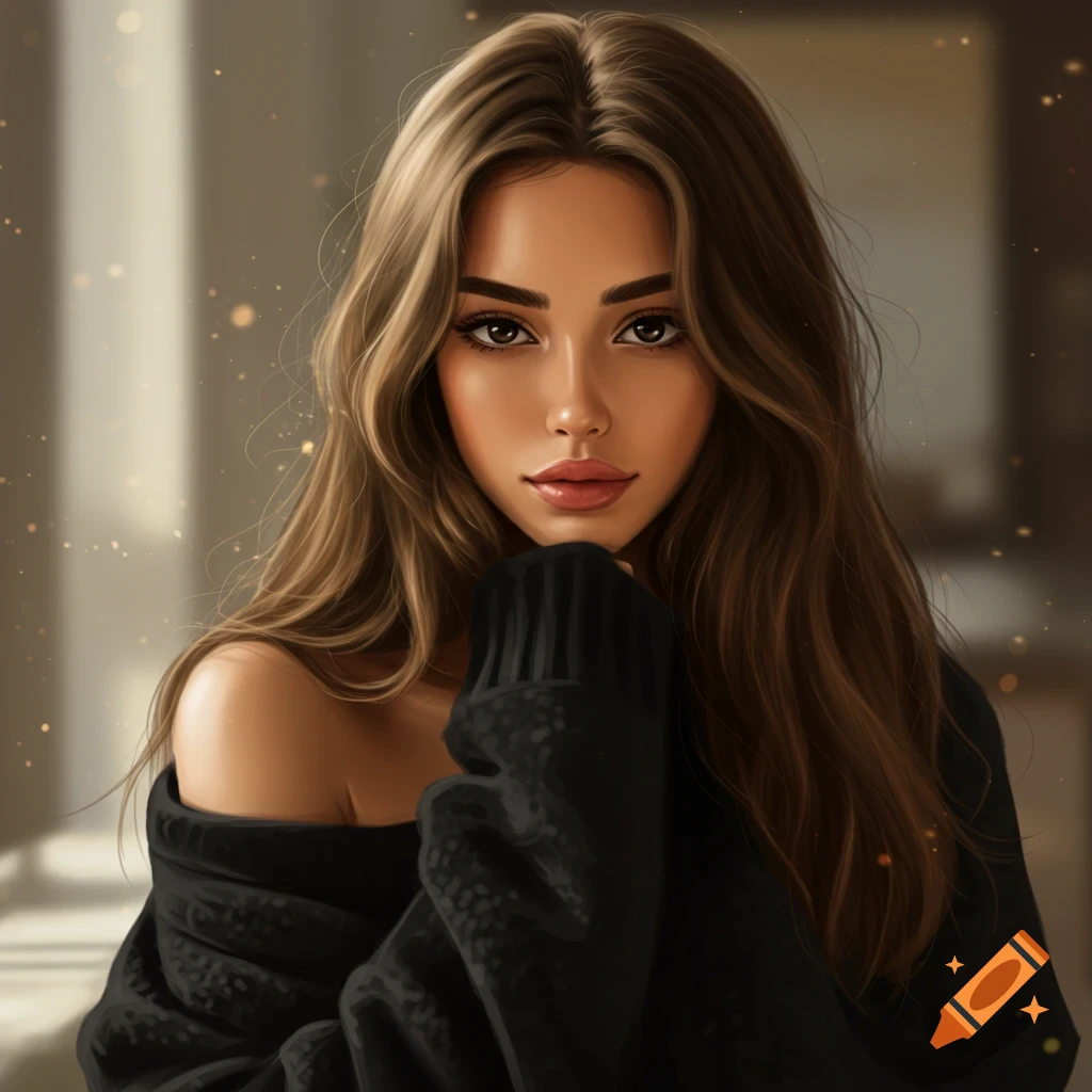 Digital art portrait of a woman with long brown hair and dark eyes, wearing an off-the-shoulder black sweater.