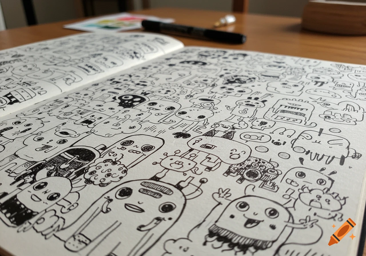 Close-up of an open sketchbook filled with numerous black and white doodle drawings of quirky characters and abstract shapes.