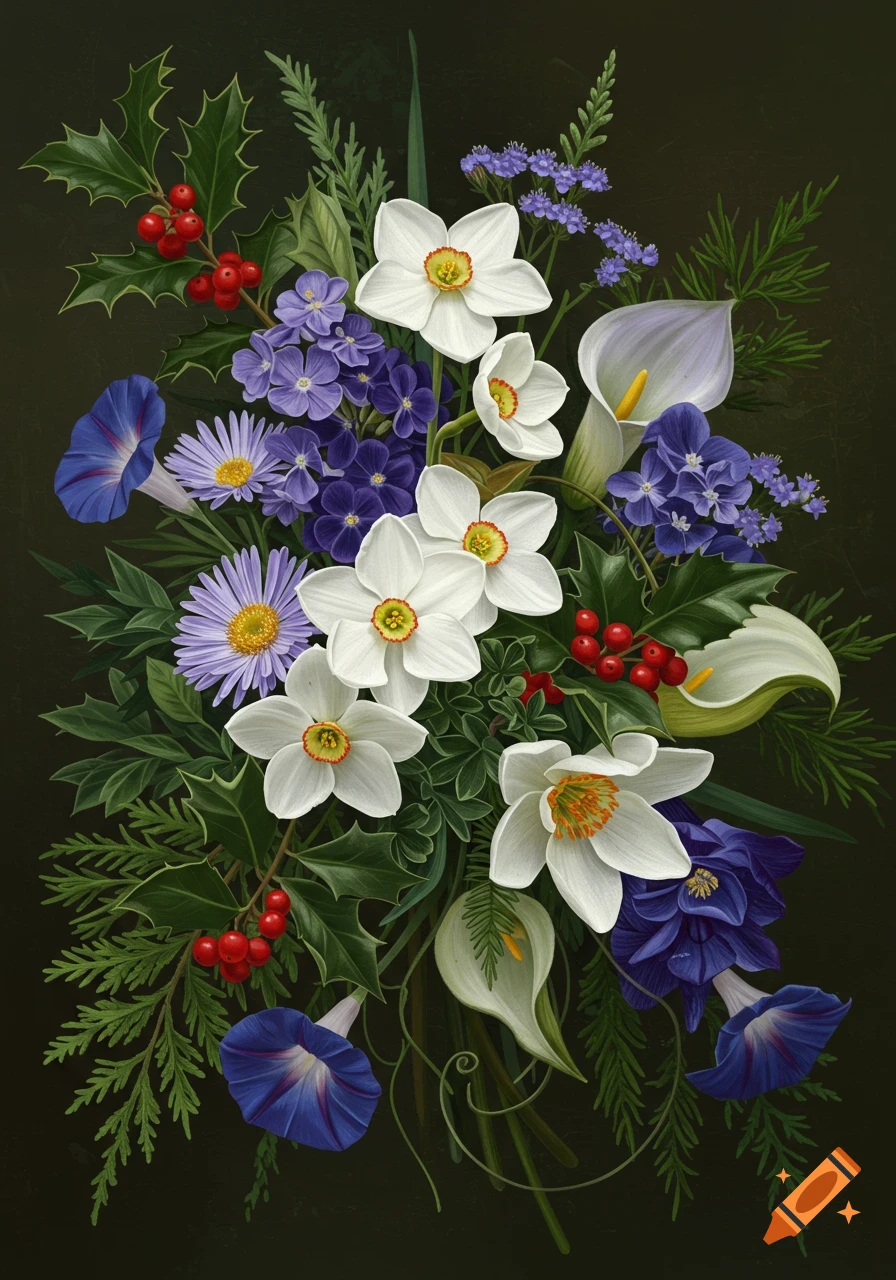 A vibrant bouquet of white narcissus, red holly berries, purple aster and larkspur-like flowers, and blue morning glories against a dark background.