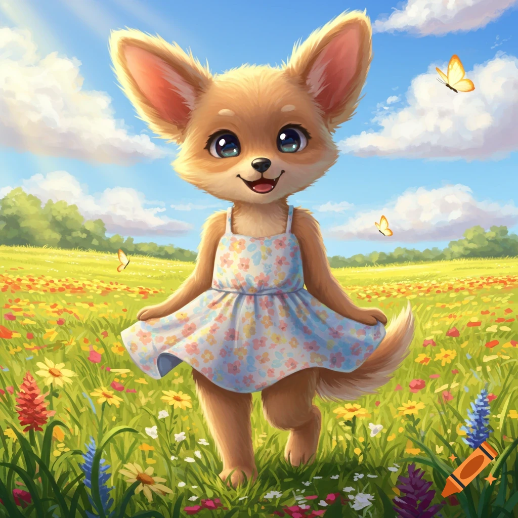 A cute cartoon fennec fox-like creature wearing a floral dress, standing in a sunny field of wildflowers with butterflies.