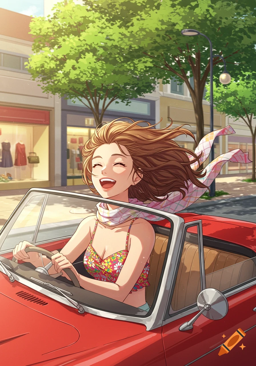 A happy anime girl with messy brown hair and a scarf drives a red convertible through a sunny downtown street.