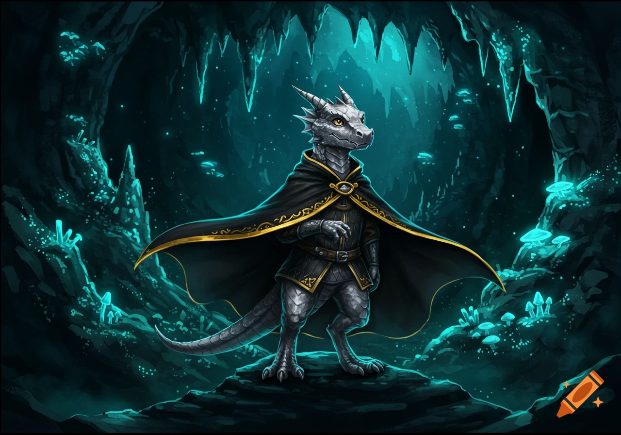 A silver kobold wearing a black and gold cloak stands in a bioluminescent cave with glowing turquoise crystals and mushrooms.
