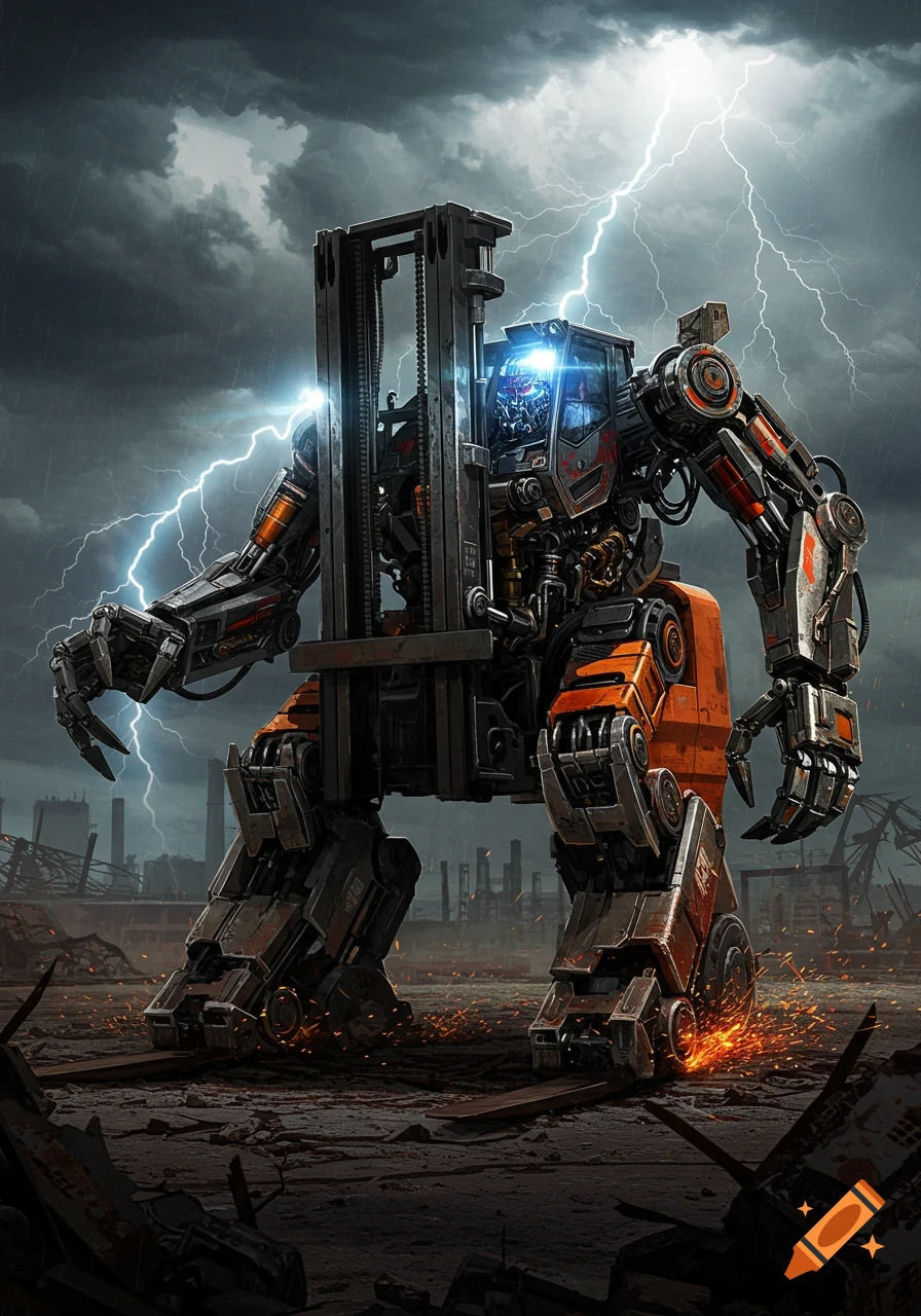A menacing robot, made from a forklift, stands in a stormy, industrial wasteland with lightning striking behind it.