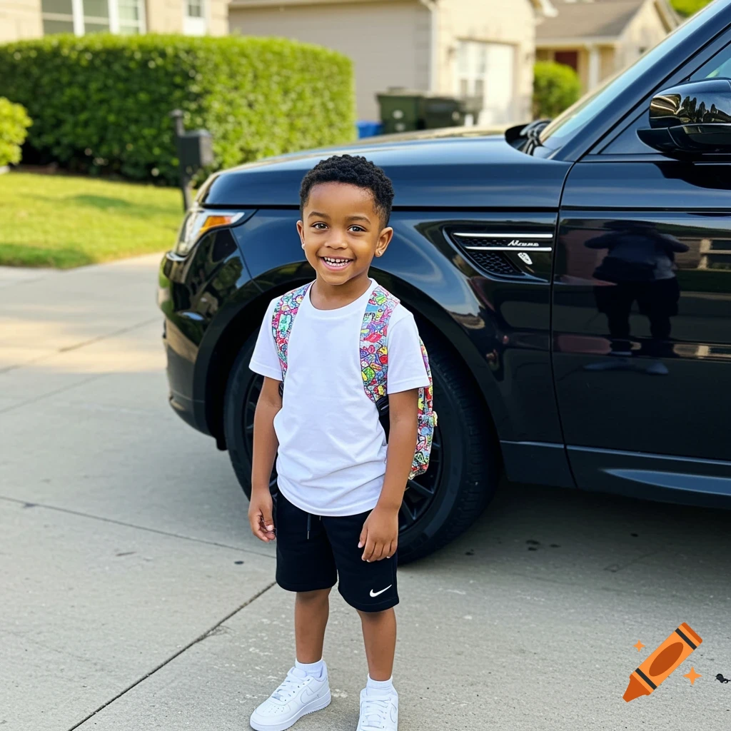 A smiling young boy with a colorful backpack, white shirt, and black shorts stands in front of a black Range Rover in a driveway.