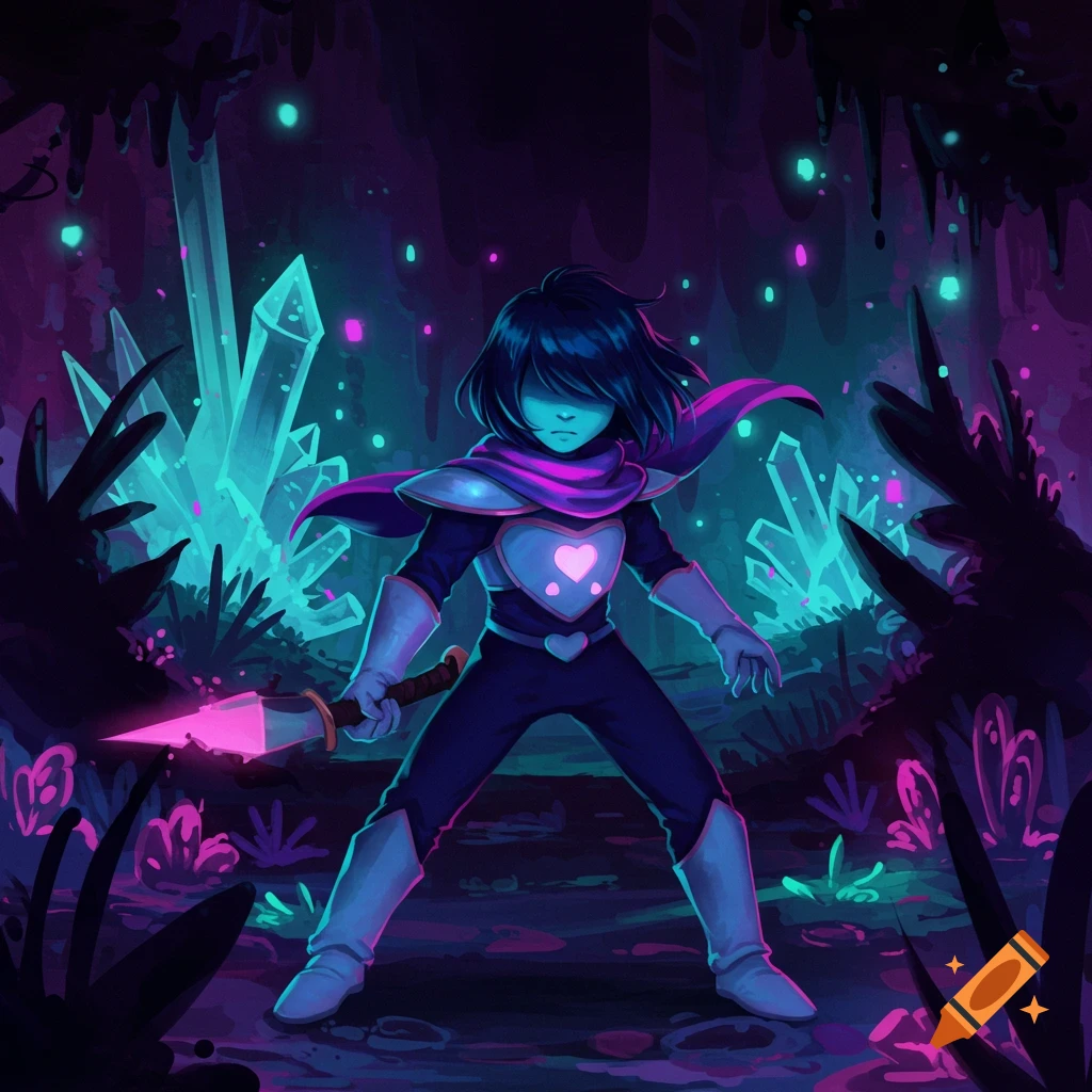 A dark-haired character with a purple scarf and glowing heart armor holds a pink sword in a neon crystal cave.