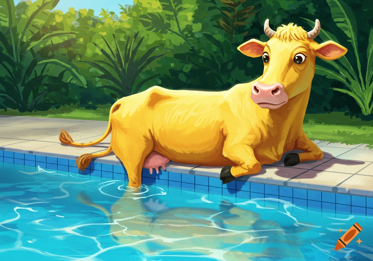 A cartoon yellow cow sits poolside with its back legs in the blue water, lush green foliage in the background.