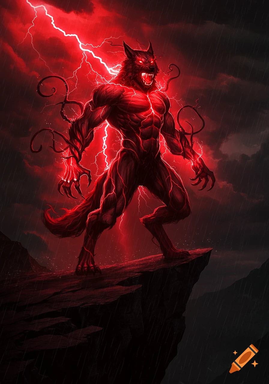A red, muscular werewolf-like creature with glowing eyes and tendrils stands on a cliff under red lightning and rain.