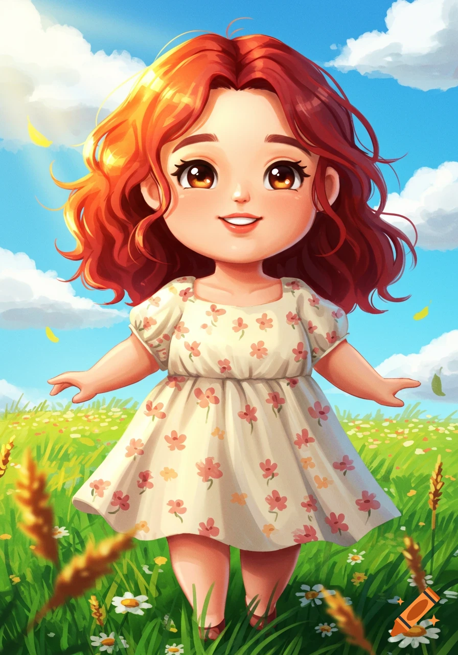 A cute, red-haired chibi girl in a floral dress stands smiling in a sunny flower field under a blue sky, cartoon style.