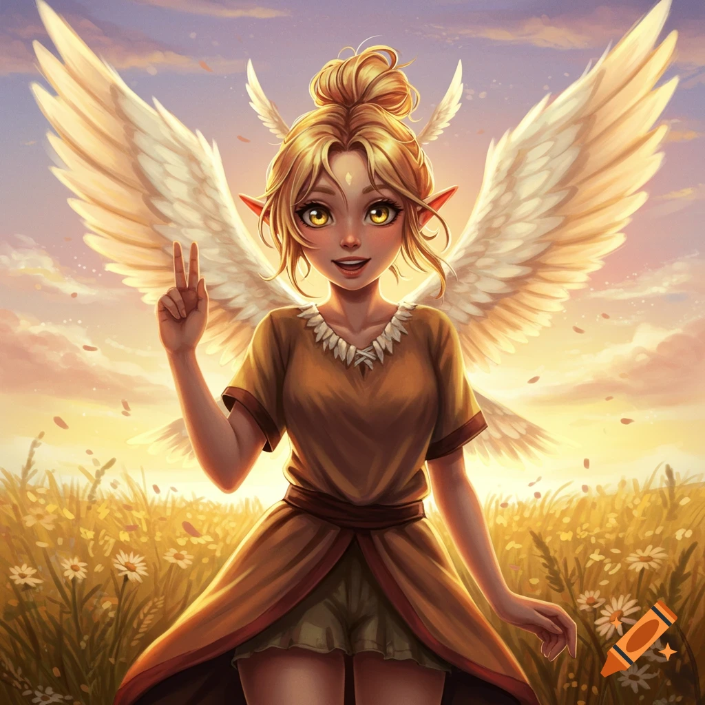 A smiling anime elf girl with blonde hair in a bun and large white wings makes a peace sign in a field of daisies at sunset.