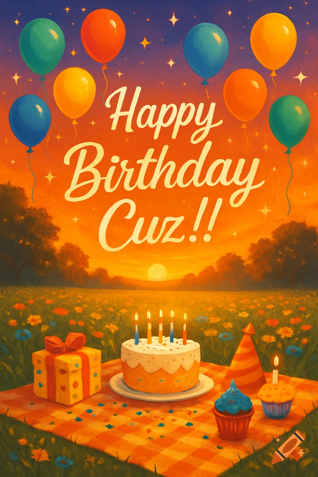 A colorful birthday greeting card with balloons, a cake, and a gift on a picnic blanket in a field at sunset. The text reads 'Happy Birthday Cuz!!'
