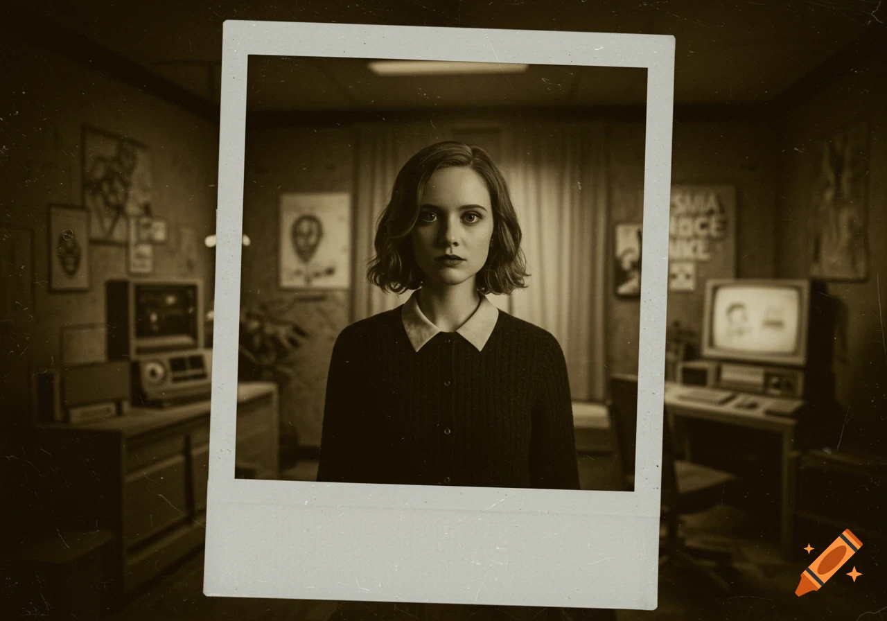 Vintage sepia polaroid portrait of a young woman with short hair and a collared shirt, looking intently at the viewer, in a dimly lit room.