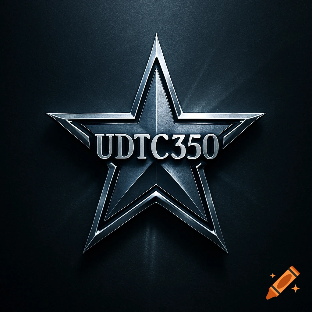 A metallic silver and black star emblem with the text 'UDTC350' embossed in the center, set against a dark background.