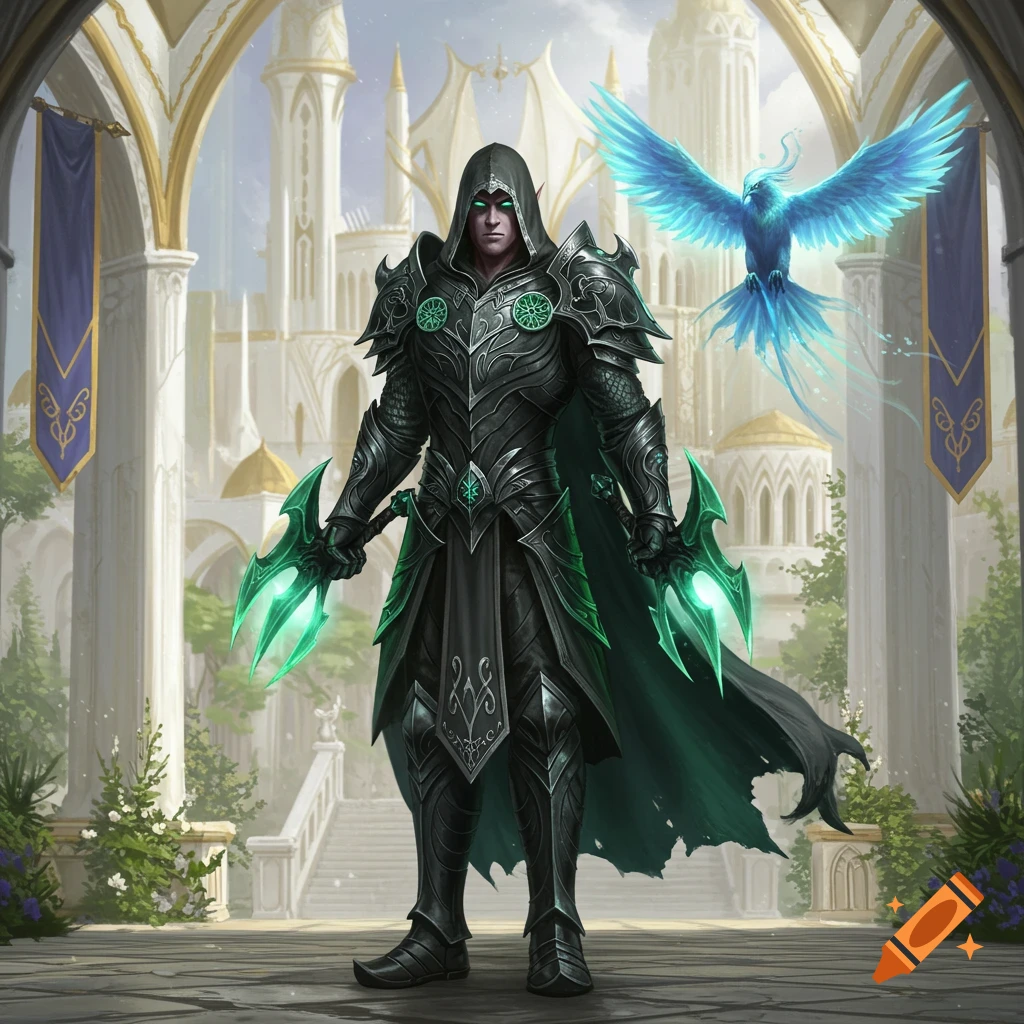 A dark armored fantasy warrior with glowing green claw weapons stands in an elven city with a blue bird companion. Detailed epic fantasy art.