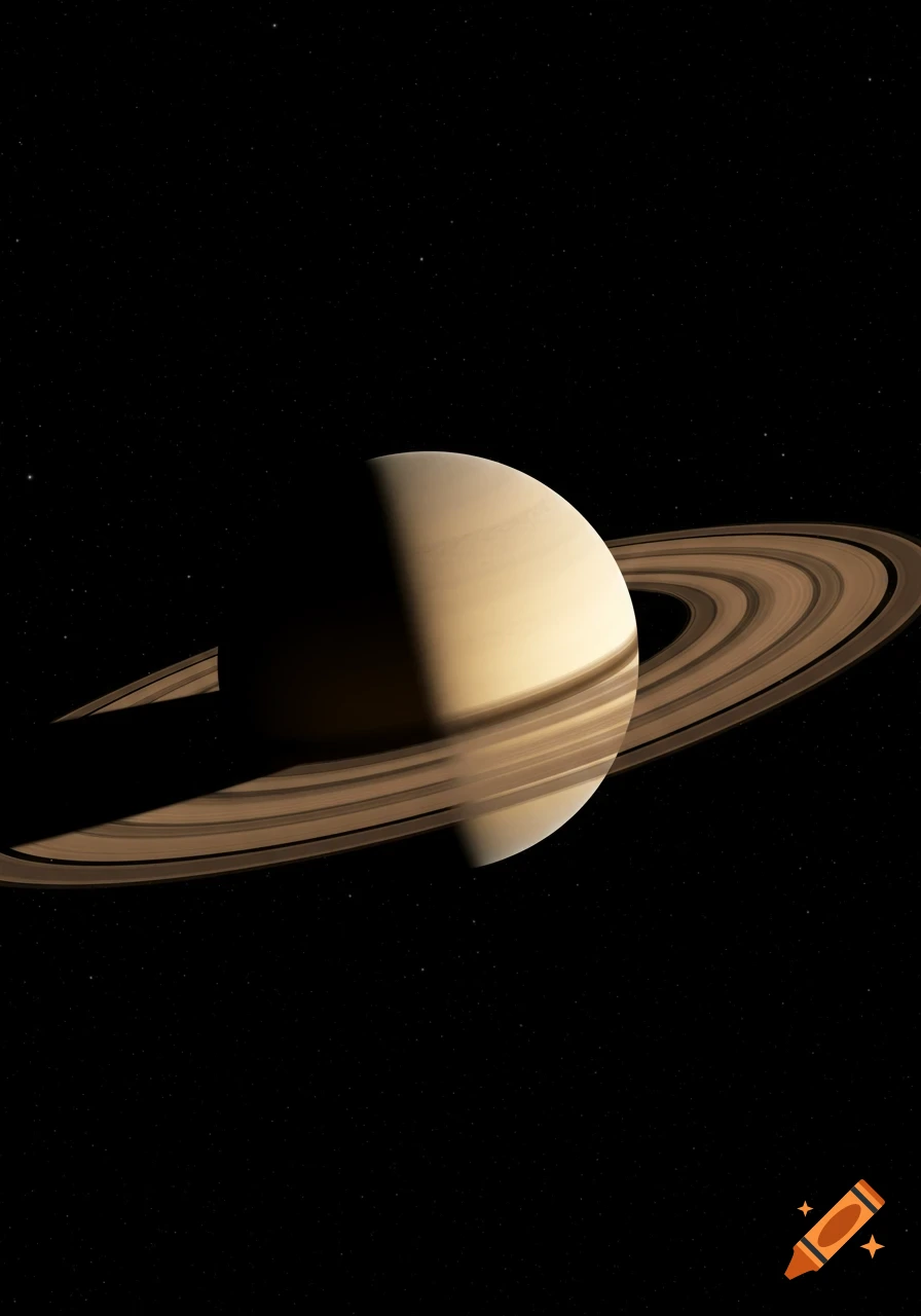 A photorealistic image of the planet Saturn and its rings against a dark, starry space background, with half of the planet in shadow.