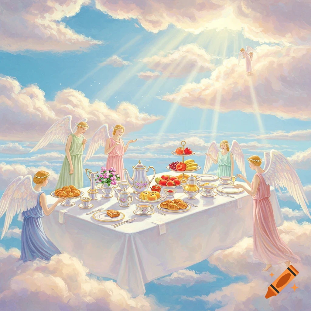 Painting of angels having breakfast at a table set on clouds in a bright sky with sun rays.