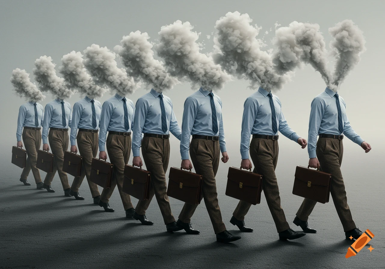 Line of suited men with smoke billowing from their necks instead of heads, carrying briefcases.