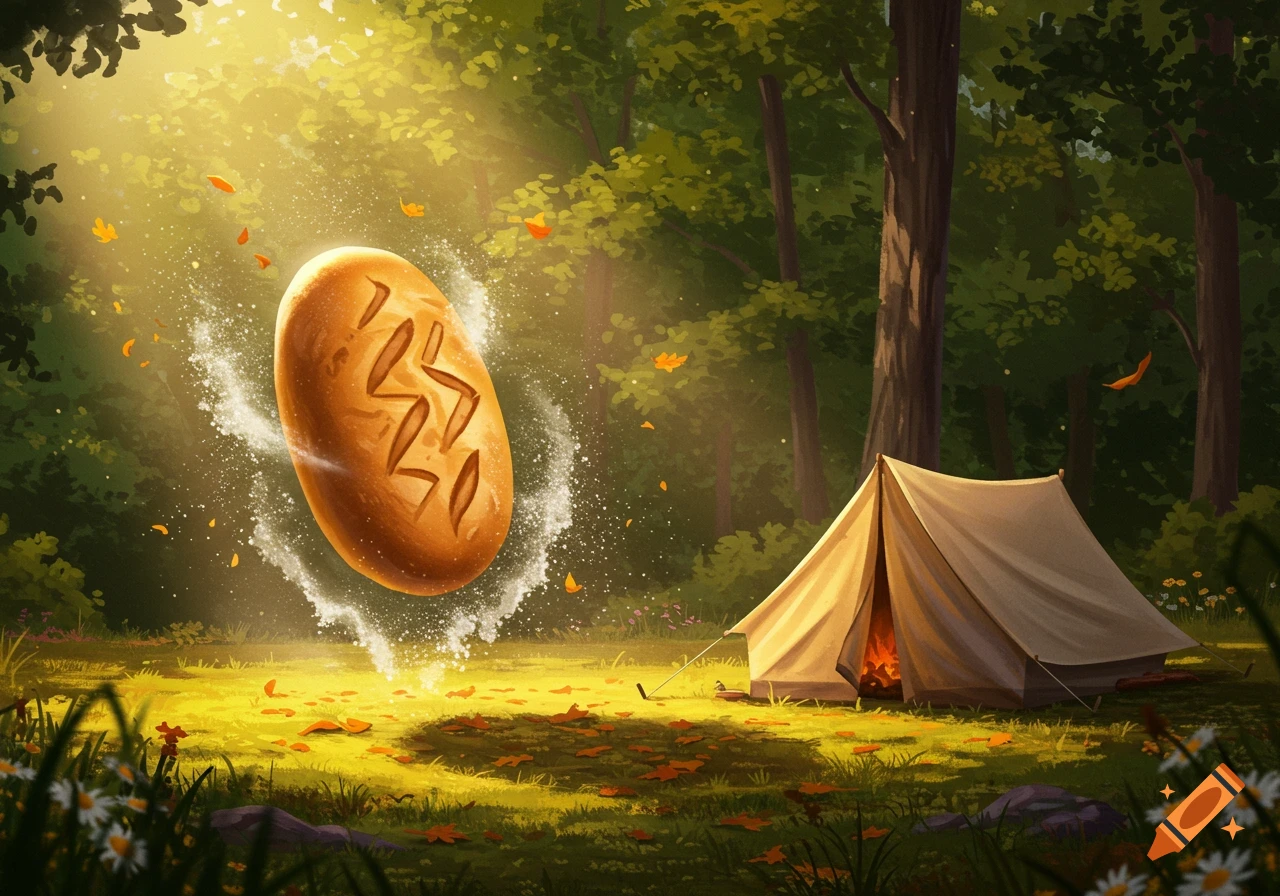 A magical loaf of bread floats above a tent in a sunlit forest clearing with autumn leaves, digital art.