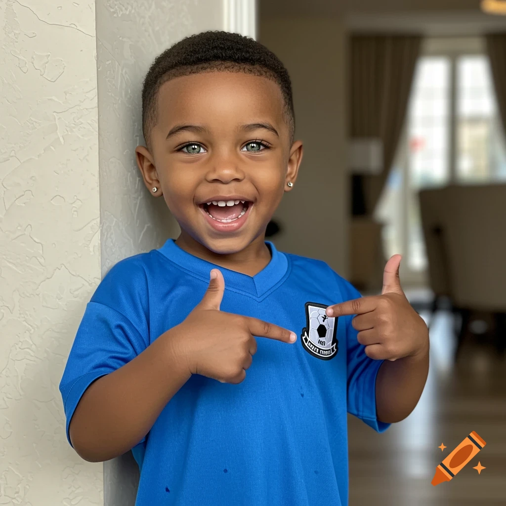A smiling little boy with green eyes and an afro buzzcut wears a blue soccer jersey, pointing at it with one hand and giving a thumbs up with the other.