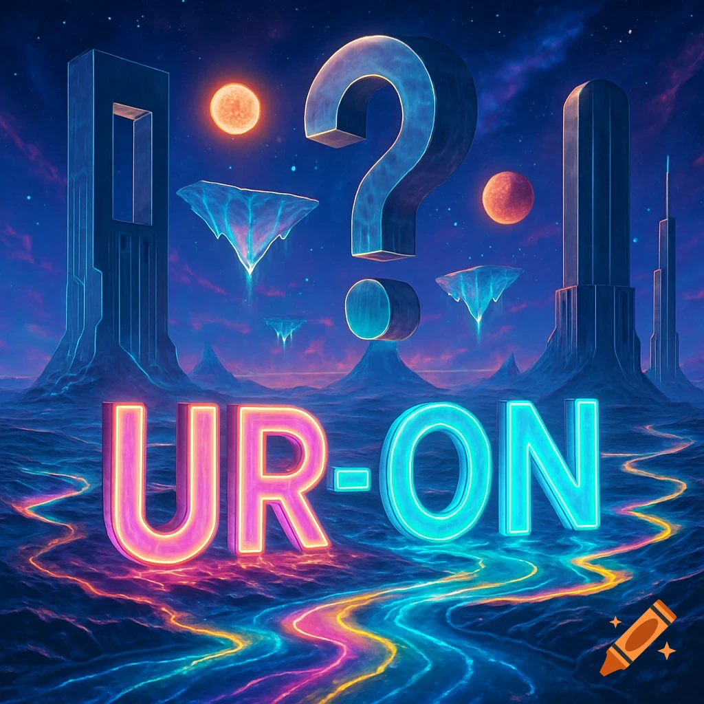 A surreal cosmic landscape with neon letters "UR-ON", liquid light rivers, floating crystal continents, and alien skyscrapers under two suns.