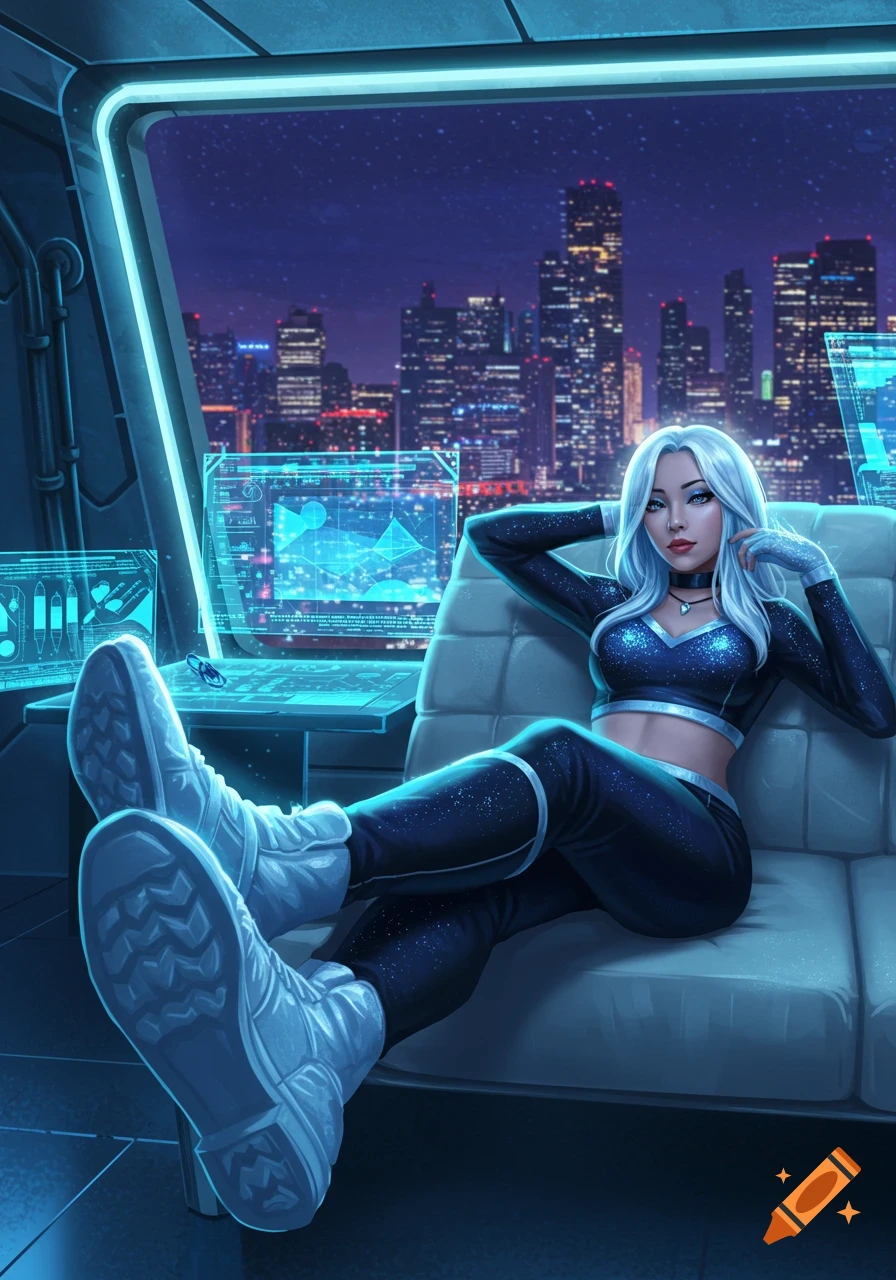 A white-haired woman in a futuristic dark blue and silver outfit sits with feet up, looking at a neon city from a spaceship window.