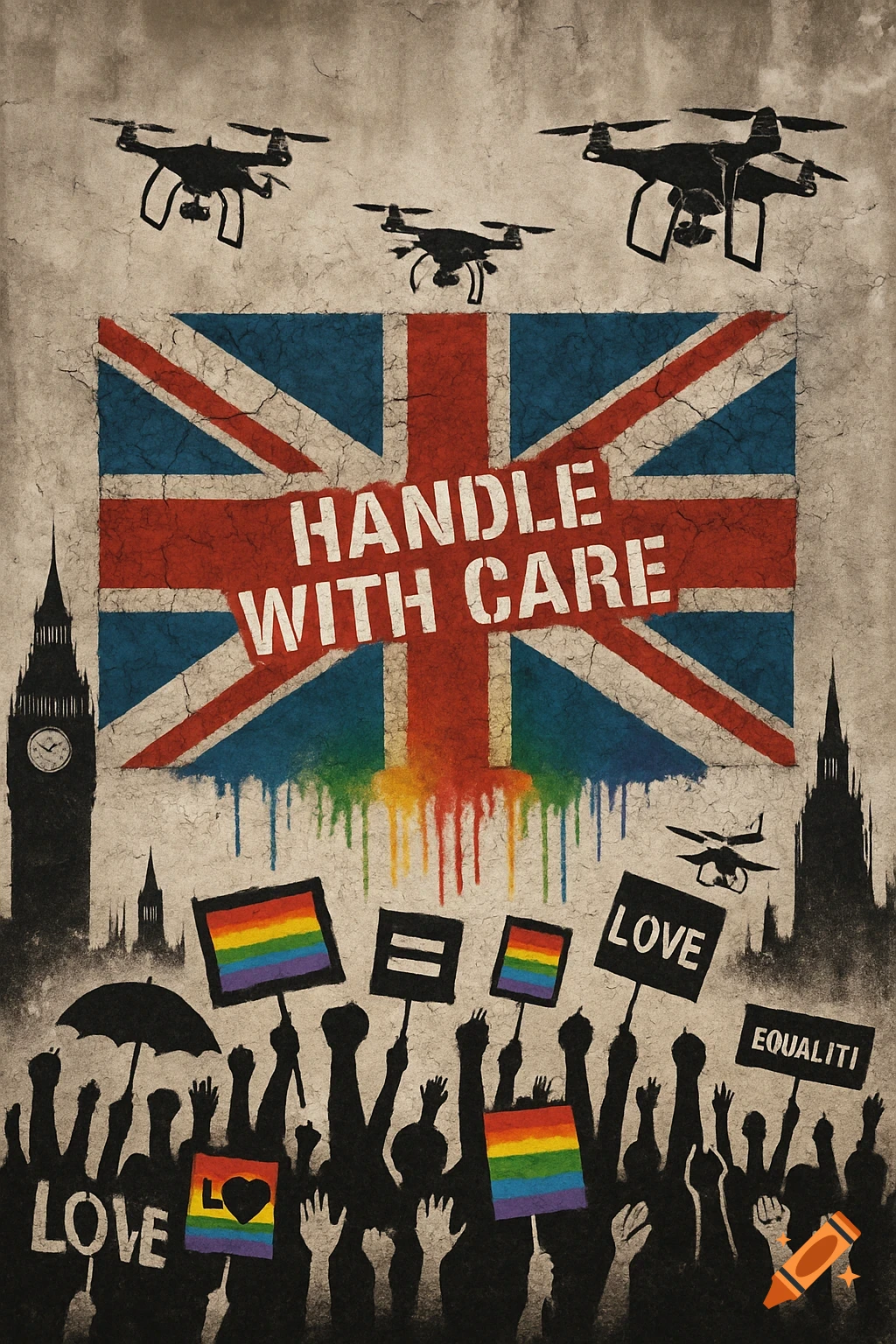 A distressed Union Jack mural with "HANDLE WITH CARE" text. Below are silhouettes of protesters holding rainbow flags and signs, with drones above. Big Ben silhouette on left.